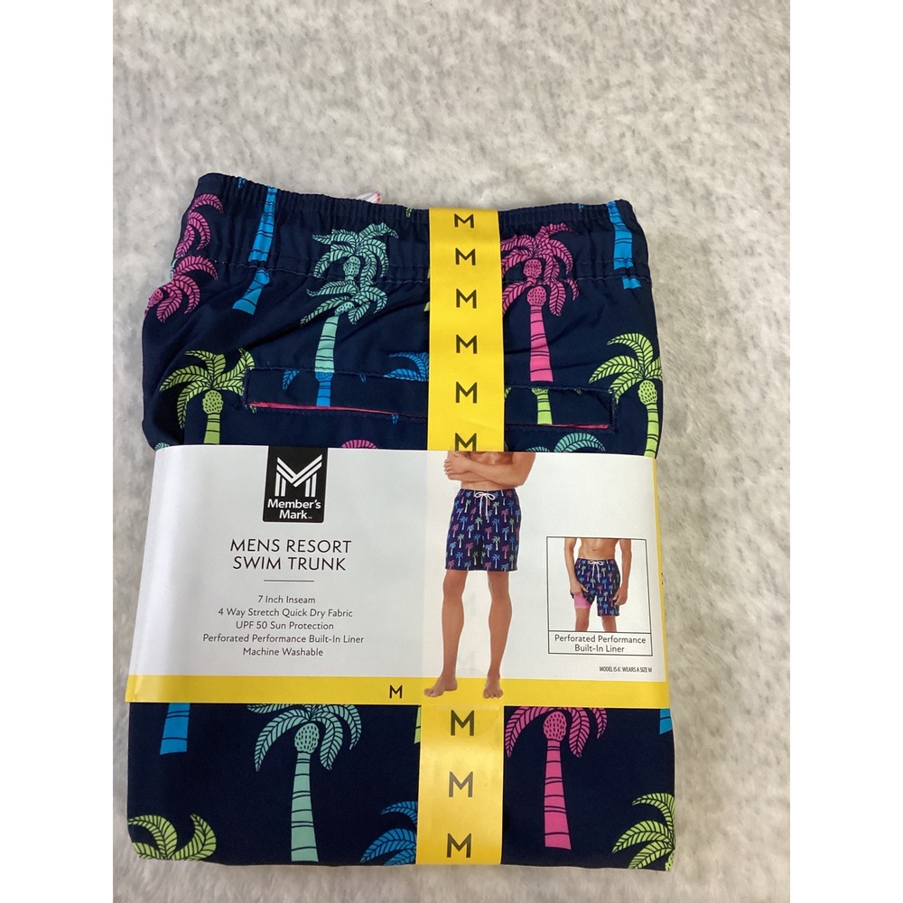 Member's Mark Mens Resort Swim Trunk Navy Palm‎ Tree Print Size M 7 Inch Inseam